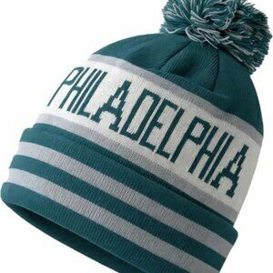 Philadelphia White, Blue/Green & Gray Striped Beanie Hat W/Pom Pom-One Size-NEW